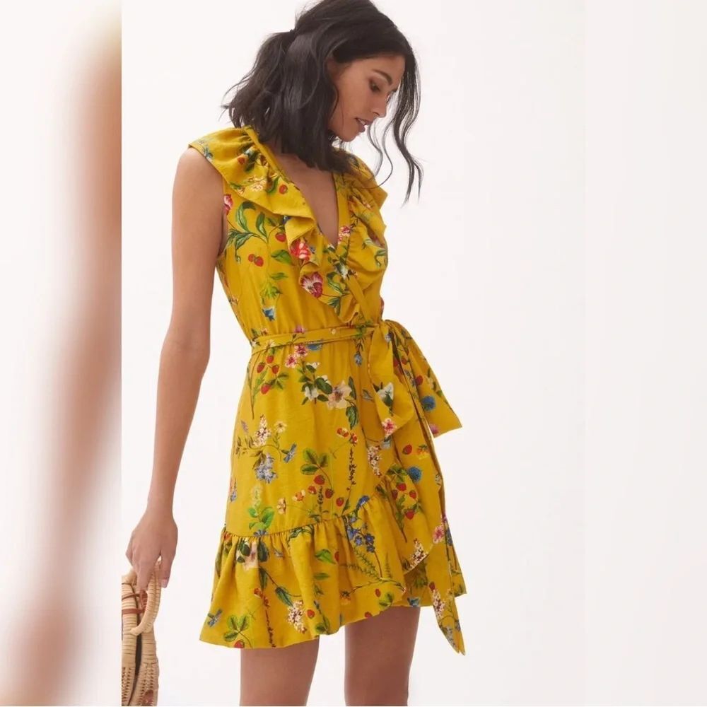 Anthropologie Maeve Floral Wrap Ruffle V Neck Mini Dress  Size S